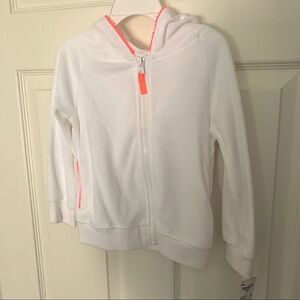 White terry sweater with neon hot pink trim